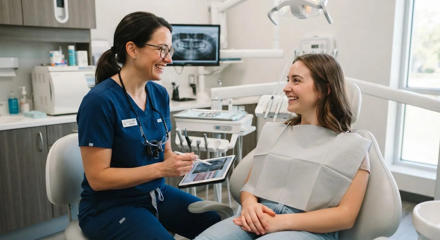 Friendly female dentist consulting happily with female patient in treatment room