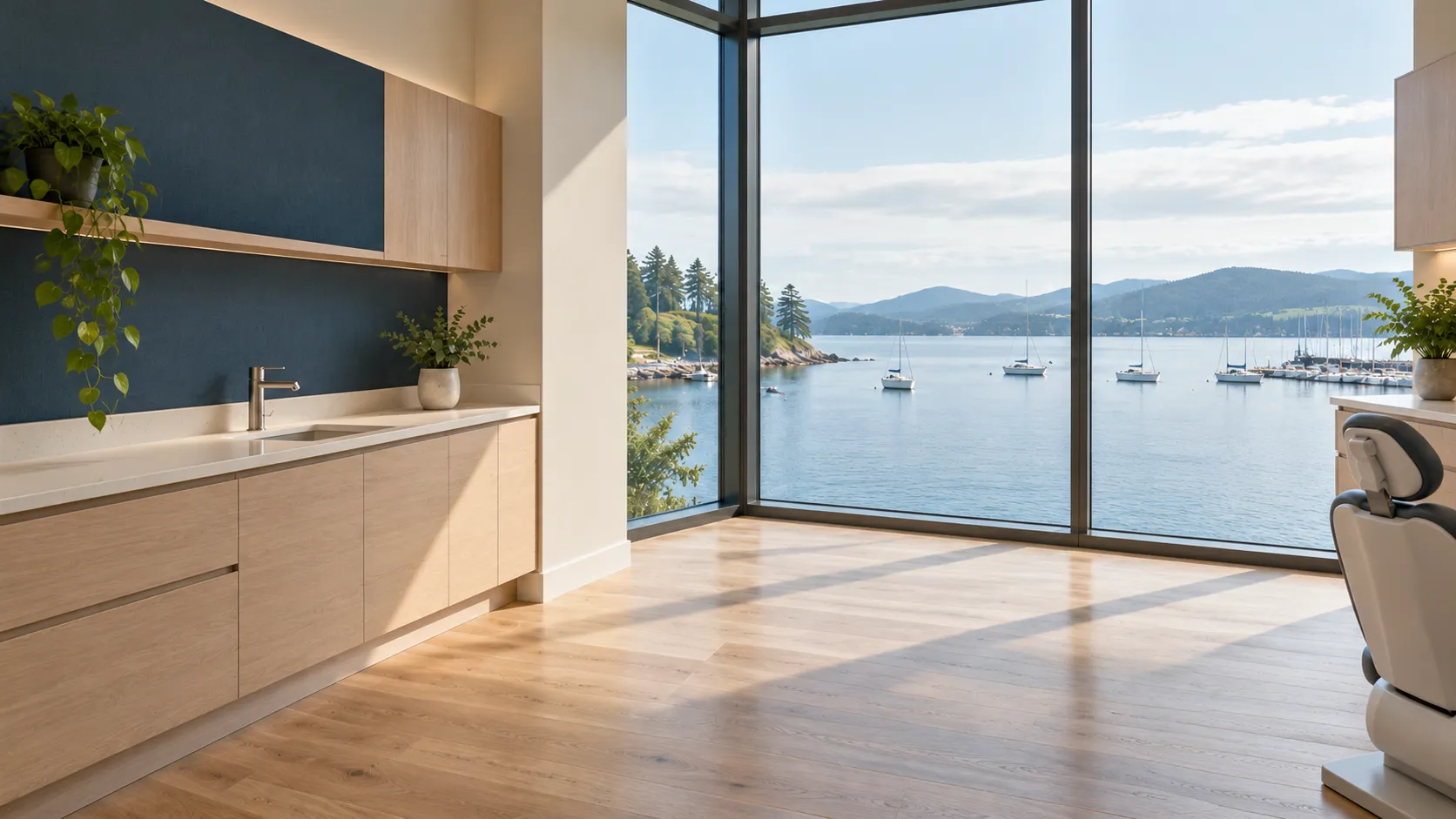 Bright modern treatment room overlooking a calm coastal harbour